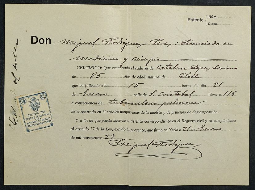 Certificados de Defunciones del Registro Civil de Yecla. Año 1929.